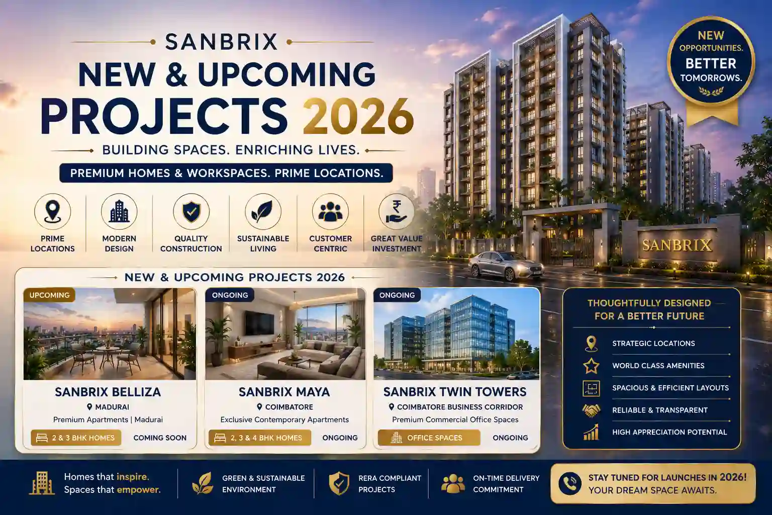 Sanbrix new premium residential apartments and commercial spaces banner showcasing upcoming projects in Coimbatore and Madurai